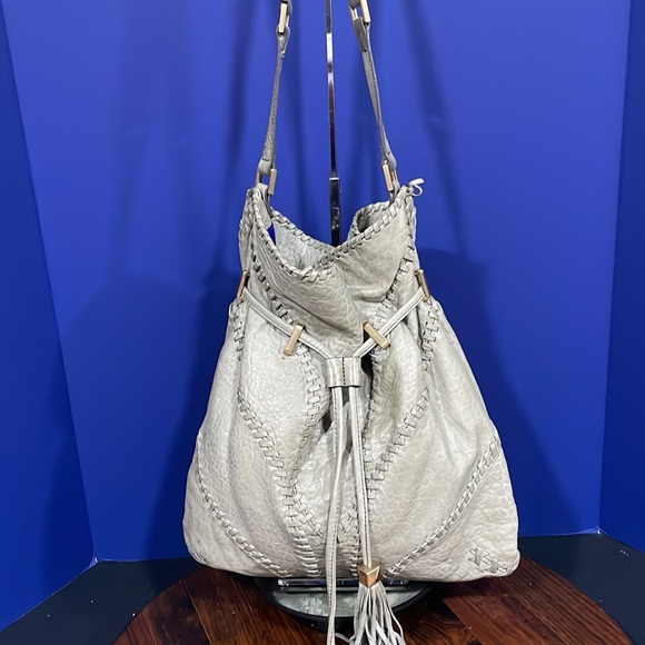 BRIAN ATWOOD Olive Green Pebbled leather Laser Cut Drawstring Bucket Bag - Picture 2 of 14